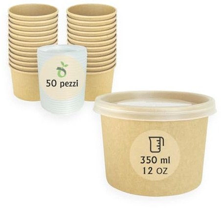 ECOPICNIC 50 Stück Einweg Suppenbecher mit Polypropylene Deckel, PP| 320 ml braun, 12 oz Eisbecher, Suppen-Becher to Go, nachhaltige Pappbecher mit PE Innenbeschichtung für heiße Speisen
