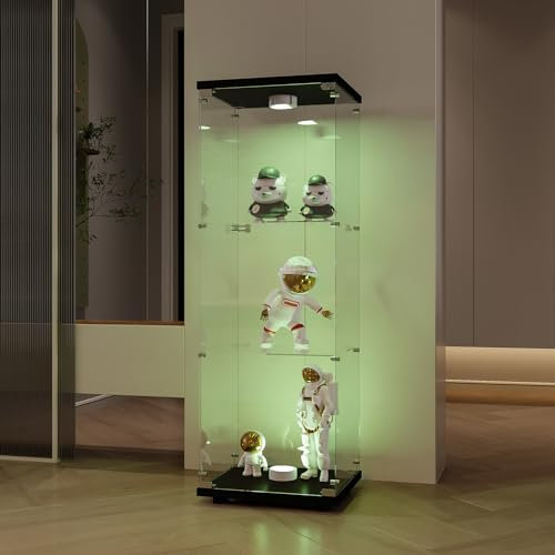 BPKADHY Glasvitrine Standvitrine,3 Lagen Glas Holz Vitrine Sammlervitrine Vitrinenschrank,1 Tür mit LED Und Schloss Glasvitrine Stehend Für Wohnzimmer Schlafzimmer Büro Schwarz Standregal aus Glas