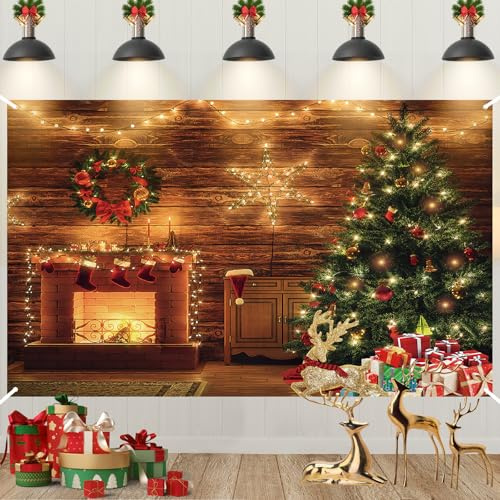 Cartel de telón de fondo de Feliz Navidad – Regalos de árbol grande para cabina de fotos de tela – Cartel colgante con temática de chimenea de Navidad para interiores y exteriores, suministros de