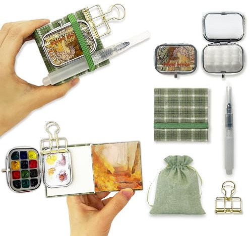 Waveaura Mini Aquarell Set Unterwegs 12er Leerpalette, 6x6 cm Mini Skizzenbuch 300g/m², Wassertankpinsel & Metallklammer - Pocket Watercolor Reise Malset