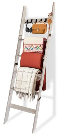 Wooden Blanket Ladder with Removable Hooks, 6-Tier 5.66 Ft (68 Inch) Rustic Blanket Rack, Blanket Ladders for Living Room & Bedroom, Easy Assembly, Perfect for Displaying Blankets&Scarves,Rustic White
