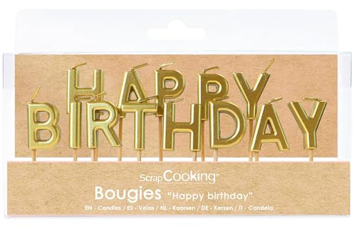 ScrapCooking - Bougies Dorées « Happy Birthday » - Bougies Anniversaire Or Lettres - Décoration Enfant Adulte - En Paraffine avec Pics - Accessoire Fête Pâtisserie - 4824