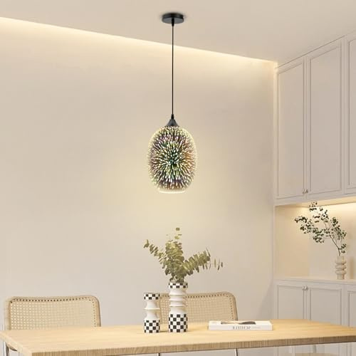 HUSPOO Glas Pendelleuchte 3D Bunt, Moderne Feuerwerk LED Hängelampe, Höhenverstellbar Hängende Deckenleuchte, E27 220V Glaspendel(Ohne Glühbirne) für Schlafzimmer, Wohnzimmer, Esszimmer, Flur, Küche