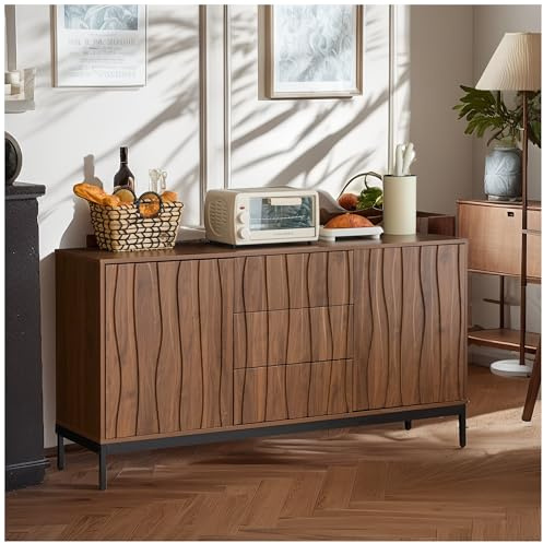 Wyibwy Aparador de Roble Oscuro 150 x 80 x 40 cm, con 3 Cajones y 2 Puertas, Mueble Decorativo para Cocina, Salón, Entrada, Pasillo