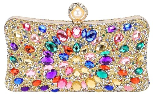 QUARKZMAN kvällsväskor för kvinnor, gnistrande kristall strass kuvertväska med kedja axelrem för bröllop fest kväll helg, guld flerfärgad, Guld