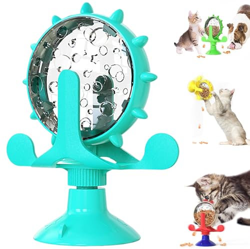 BIUBIULOVE Lallypet, Moulin à Vent Rotatif pour Aliments, Distributeur de Nourriture Rotatif, Jouet interactif pour Chat, Jouets à Ventouse pour Petit Animal de Compagnie (Bleu)