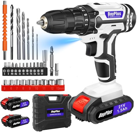21V Cordless Drill Driver, Handheld Screwdriver Drill Set with 2 Batteries and Charger, 30Pcs Accessories, 3/8 Chuck Power Electric Drills, 25+1 Torque, 2 Speed Combi Hammer Drills with Carrying Case