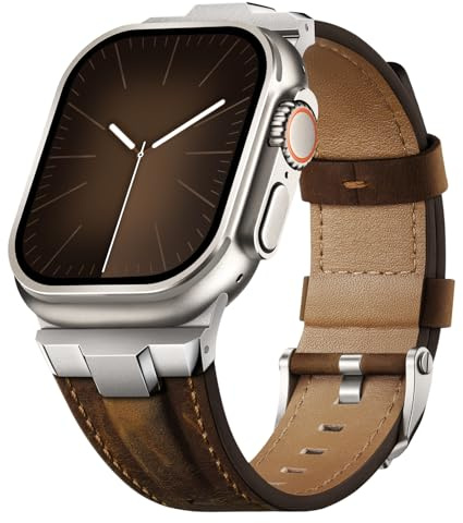 Suitisbest Genuine Leather Band Compatible for Apple Watch Ultra 3/2/1 Straps 49mm 46mm 45mm 44mm 42mm, Rugged Metal Connector Strap for Women Men iWatch SE 3 Series 11 10 9 8 7 6 5 4 3 2 1