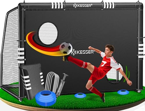 KESSER® But de football pour jardin, entraînement en plein air, filet résistant aux UV, cadre en acier avec rembourrage, crochet de sol, pompe à air, cabane, accessoires de montage pour enfants et