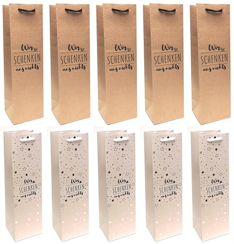 10 Stück Premium Flaschentasche - Wir schenken uns nichts - 2-fach sortiert Papier Geschenktüte Flaschentüte