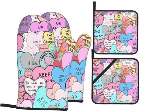 FEYUNYAN Oven Mitts Set for 4, Colorful Heart, Long Heat Resistant Gloves & Potholders with Pocket for Baking, Grilling, Kitchen Safety, Thermal Insulating Cookware Handle Protectors for Oven, BBQ