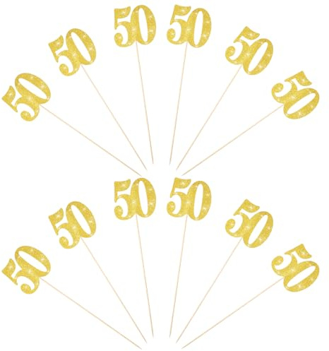 Goldene 50. Geburtstag Torten Topper Set, 12 Stück Glänzende Kuchendeko für Jubiläum, Hochzeit, Cupcake und Muffin Dekoration