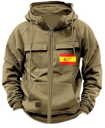 Men's Thermal Fleece-Lined Hoodie - Cargo American Style Winter Zippered Hooded Hood Sweatshirt, Thickened Velvet Cold-Proof Jacket with Pocket Drawstring Khaki