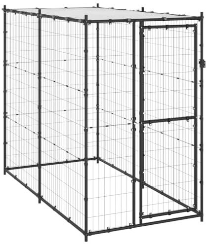 Outdoor-Hundezwinger mit Überdachung, Hundehütte für mittelgroße Hunde, Ausreichend Bewegungsfreiheit, 110 x 220 x 180 cm Schwarz und Silber Stahl
