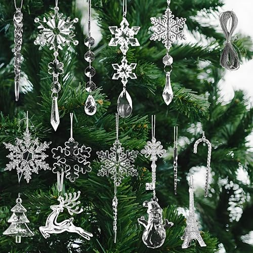 32PCS Acrylic Crystal Christmas Ornaments Set for Tree Decorations, Snowflake Christmas Lcicle Pendant Decorations for Xmas Tree Winter Wedding New Year Party Supplies