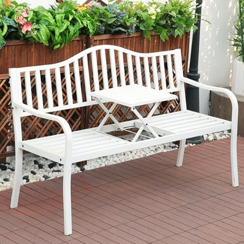 LUNAIZHUO Panchine da Esterno Resistenti Alle Intemperie, Panca da Giardino Multifunzionale con Tavolo Retrattile, 2-3 Posti, per Veranda, Prato, Balcone, Parco, Cortile(White)