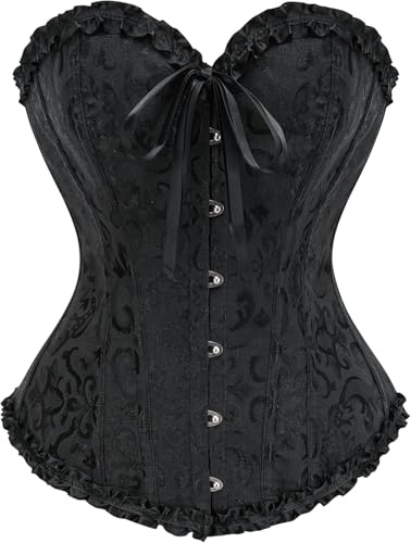 JiJiRuDU Korsett Damen Vollbrust Corsage Corset Top Gothic Vintage Corsagen Bustier Corsette Piraten Korsett Schwarz