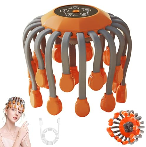 Octorelax Head Massager, Kopfmassagegerät Elektrisch, 360° Kopfhaut-Massagegerät mit 5 Modi, 20 Massageköpfen, LED-Rotlicht, Timer, Tragbar Kopfmassage für Damen Herren (Orange)