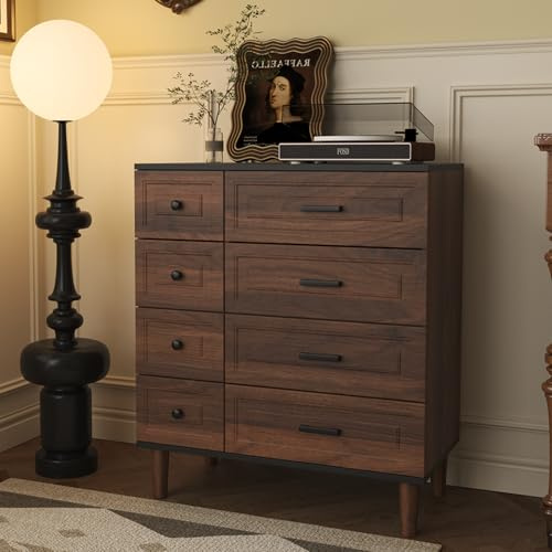 HOMAVO DG3 Commode à 8 tiroirs, 75 x 40 x 87 cm, Lignes Modernes, revêtement en mélamine, sans Sol, Blanc Noir Noyer