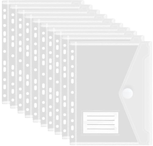 Uwiyo 10 Stück Dokumententasche A4 Abheftbar, Dokumentenmappe A4 zum Abheften Wasserdicht Sammelmappen mit 11 Lochrand, Klettverschluss und Etikettentasche für Dokumente Organisieren (Transparent)