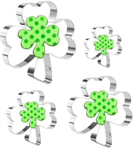 Cortadores de galletas trébol, 4 piezas acero inoxidable | 4 formas de trébol y shamrock para masa de galletas, fondant y repostería de San Patricio