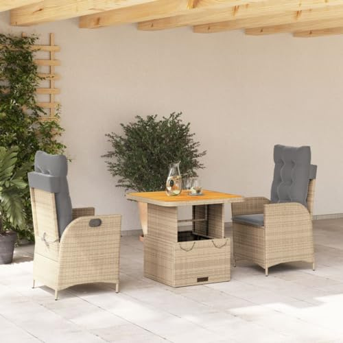 Runheo 3-TLG. Garten-Essgruppe Beige Poly Rattan, verstellbare Relaxsessel, höhenverstellbarer Tisch, waschbare Kissen, UV-beständig, für Balkon, Terrasse, Outdoor-Mahlzeiten