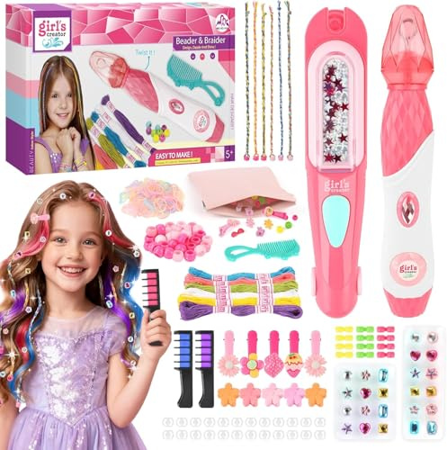 JONRRYIN Hair Bedazzler Kit 3-in-1, Automatic Haarflechtmaschine mit Haarperlen, Glitzersteine Haare Maschine mit Hair Gems, Haarschmuck Mädchen Set, 3 Haarkreide Kamm Auswaschbare, Geschenk Mädchen