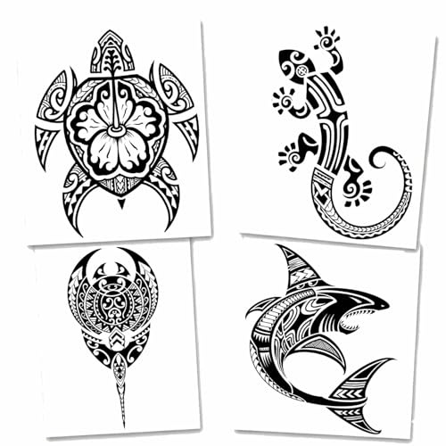 TATTOO YOUR STYLE - Tatouage Éphémère Maori (Lot de 4) - Grands Motifs Polynésiens : Tortue, Requin, Raie Manta & Salamandre - Faux Tatouage Temporaire Tribal Homme & Femme - Waterproof & Réaliste