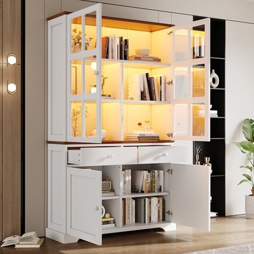 Wiuzo Vitrine, Standvitrine mit 2 Schubladen 4 Schranktüren, 120x36.5x200cm, Hochschrank, Glasvitrine mit LED, Wohnzimmerschrank, Multifunktionsschrank, Großer Schrank, Weiß