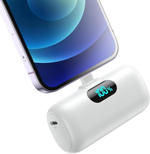 Mini Batterie Externe pour iPhone 5000mAh, Mise à Niveau 15W PD 3.0A Charge Rapide, Compact et Léger Power Bank Écran LCD Chargeur Portable Compatible avec iPhone 14/13/12/11/XR/X/8/7/6 (Blanc)