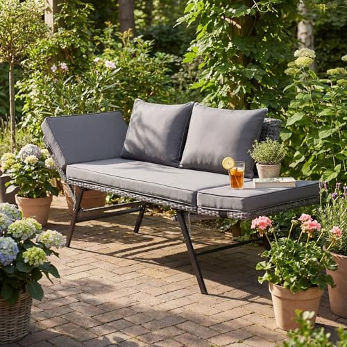 LIFERUN Gartenbank Polyrattan mit Liegefunktion, 2-Sitzer Polyrattan Möbel, Rattan Gartensofa mit Verstellbaren Armlehnen, Terrasse, Wetterfestes Balkonsofa, (Kohlegrau),2 PCS Kissen