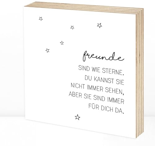 Wunderpixel® Holzbild Freunde sind wie Sterne - 15x15x2cm zum Hinstellen/Aufhängen, echter Fotodruck mit Spruch auf Holz - schwarz-weißes Wand-Bild Aufsteller zur Dekoration oder Geschenk-Idee
