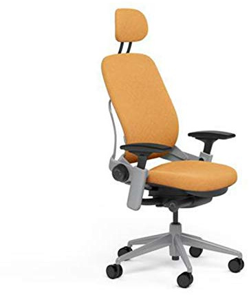 Steelcase Leap Desk Task Chair in Buzz2 5G54 Carrot Fabric with Headrest - 4-Way Highly Adjustable Arms - Platinum Frame and Base - Soft Dual Wheel Hard Floor Casters