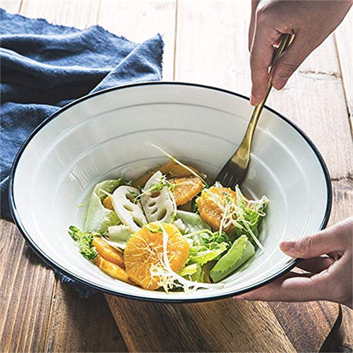 Extra Large Soup Ramen Noodle Bowl Fruit Salad Pasta Multipurpose Serving Bowl Creative Ceramic Tableware Oven Microwave Safe White Thread (Size : 7-inch)