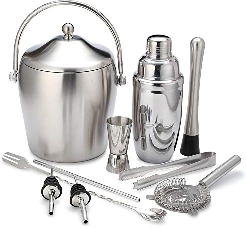 Juego de cócteles de acero inoxidable de 10 piezas, kit de coctelera Boston con accesorios que incluyen pantalla vibratoria, aparejo, colador, cuchara, guardabarros, clip para hielo, cubo para hielo