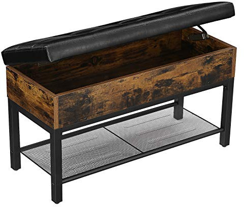 VASAGLE Sitzbank, Schuhbank, Schuhschrank, Betttruhe mit Stauraum, gepolsterte Truhe, Flur, Schlafzimmer, Wohnzimmer, Metall, einfacher Aufbau, Kunstleder, Industriestil, vintagebraun-schwarz LSB46BX