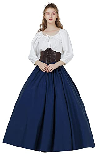 BEAUTELICATE Donna Gonna Lunga Cotone Vittoriana Estiva Stile Rinascimentale Boemia Gonna Grande Swing Maxi Gonna Medievale Gypsy Costume (Blu Navy, S)