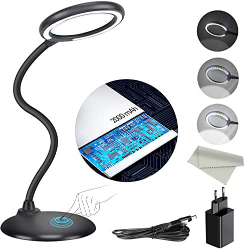 Wiederaufladbare 5-fache Vergrößerungs-Schreibtischlampe, dimmbare Lupe mit Licht und Ständer, dimmbare Hand-Touch mit 28-teiliger LED-Leuchte für Arbeit, Lesen, Hobbys, Nähen, Basteln - Schwarz