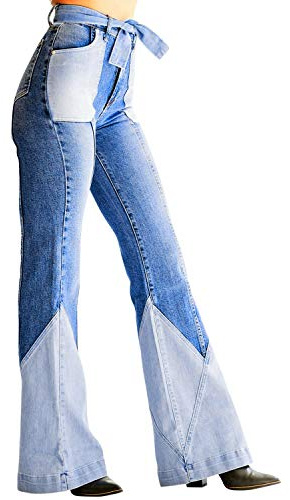 Runstarshow Damen Patchwork Jeansschlaghose Schlagjeans blau Schlaghose 70er Jahre Jeans Klassische Retro High Waist Spliced Casual Bell Bottom Hose