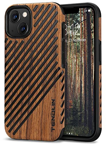 TENDLIN Kompatibel mit iPhone 13 mini Hülle, Holz und Leder Hybrid Handyhülle (Rotes Sandelholz)