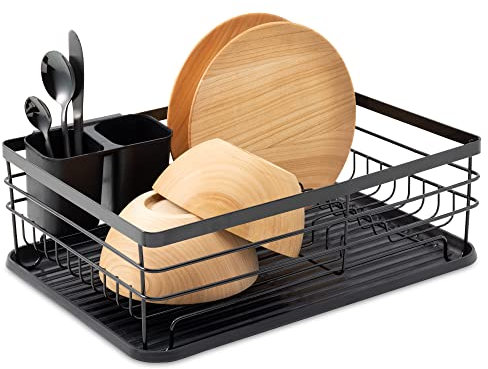 Navaris Abtropfgestell Abtropfgitter Gestell für Geschirr - Abtropfständer Abtropfschale für Küchen Spüle - Ablage für Teller Gläser Besteck - Schwarz