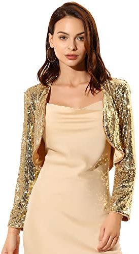 Allegra K Disfraz de Halloween Chaqueta De Lentejuelas Para Mujer Manga Larga Cárdigan Recortado Con Frente Abierto Bolero Shrug oro XS