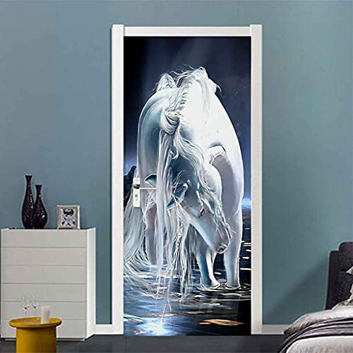 CBWRAW 3D Türaufkleber Weißes Pferd Abnehmbare PVC Selbstklebende wasserdichte Wandbild Art Decals Poster Tapete Für Wohnzimmer Küche Schlafzimmer Kinderzimmer Dekoration 90x200cm