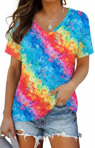 Womens Tie Dye Shirts Butterfly Color Gradient Print V Neck Tshirt Summer Casual Rainbow Short Sleeve Tee Tops