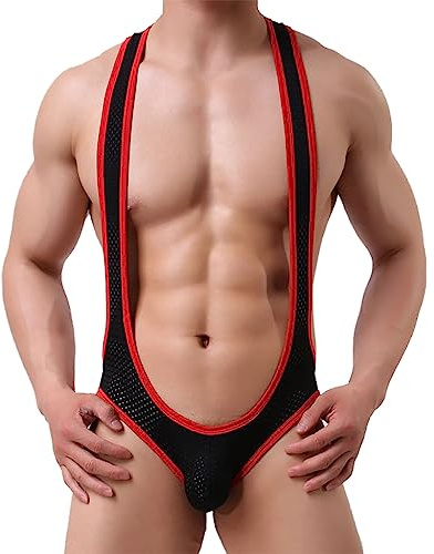 NewBull Men's Sexy Jockstrap Mesh Suspender Bodysuit Wrestling Singlet Jumpsuit One-Piece Stretch Thong Leotard Beach Swimwear Briefs Breathable Mankini Underwear
