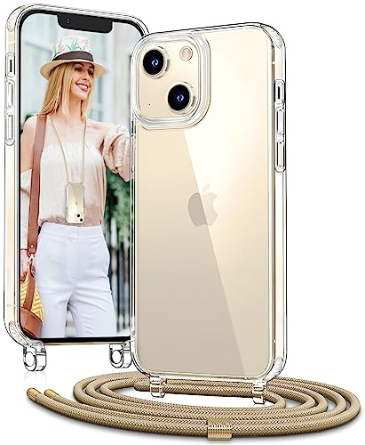 Vaykwo Handykette mit Band für Apple iPhone 14 Hülle und iPhone 13 Hülle - Necklace Handyhülle - Transparente Case zum Umhängen mit Kameraschutz und Bildschirmschutz - Golden