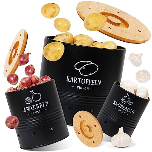 GREELUE Premium Kartoffel Aufbewahrungsbox [3er Set], Kartoffeln, Zwiebeln und Knoblauch Aufbewahrung, Hält Gemüse Länger Frisch (SET02)