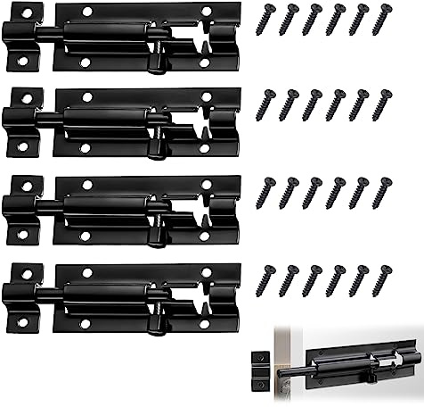 Sicherheitstürriegel aus Edelstahl, 4 Stück Schiebetürschloss mit 24 Schrauben, Schiebeschloss Türriegel Riegel, Edelstahl riegelschloss für Gartentor Badezimmer Schuppen(3 Inch, Schwarz)