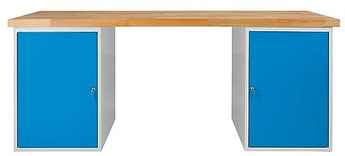 PROREGAL Werkbank Giant Rhino Plus mit 2 Stahlblechkästen | HxBxT 84x200x70cm | Traglast 500kg | Lichtgrau/Lichtblau | Werkstatttisch Werktisch Packtisch Arbeitstisch