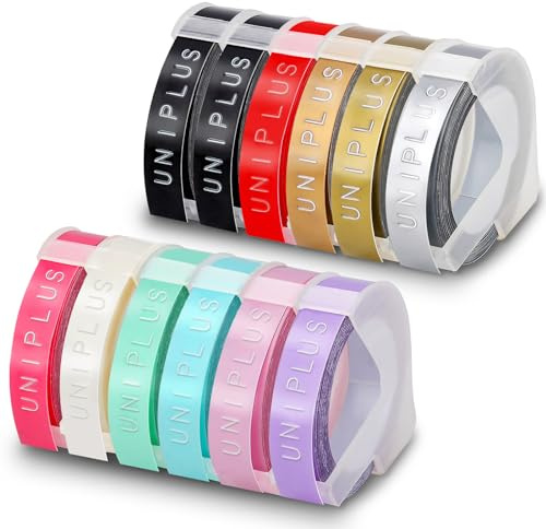 UniPlus 12x Nastro Compatibile di Ricambio per Embossing Tape Nastro per Etichette 3D di Colore Metallico/Chiaro per Omega Home Junior Organizer Xpress Pro Office-Mate II Motex E-101 E-303 Embosser